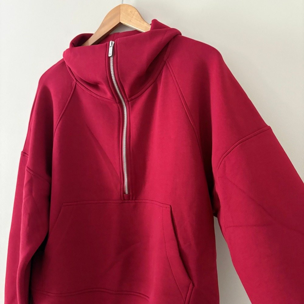 Calia Pullover 1/4 Zip Soft Scuba Sweatshirt L Red Funnel Neck Kangaroo Pocket - Picture 5 of 11